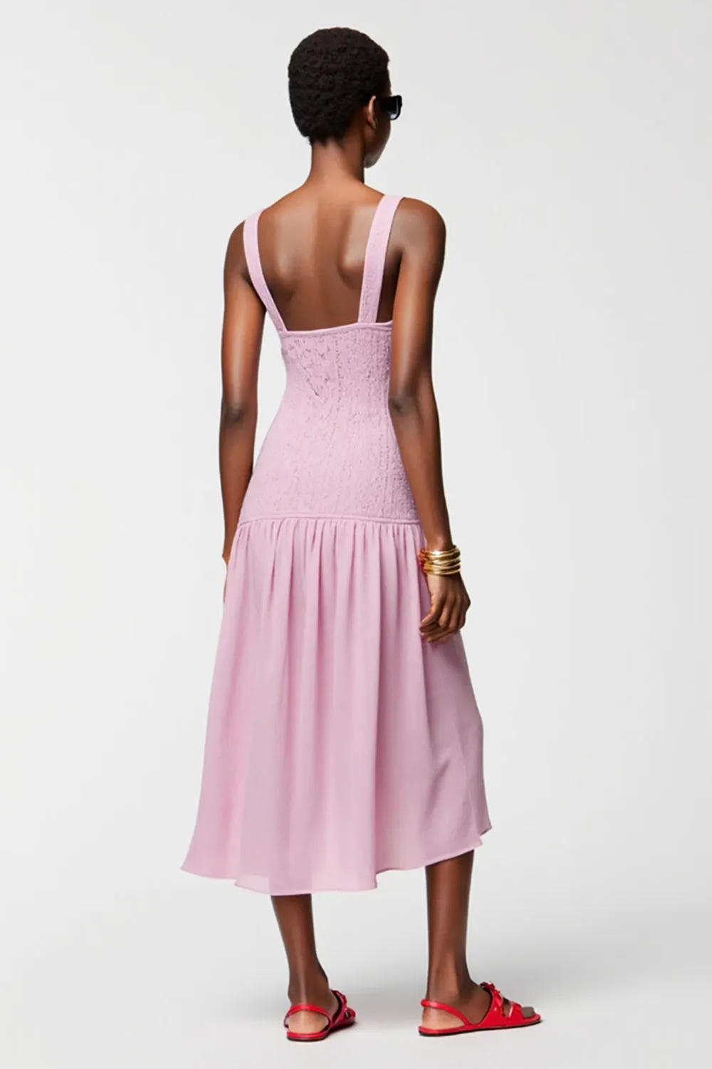 Pink Square Neck A Line Midi Wedding Guest Dress sold by Zapaka product image thumbnail 2