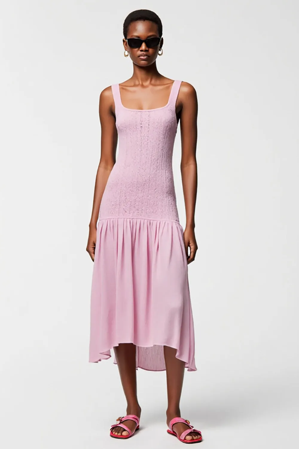 Pink Square Neck A Line Midi Wedding Guest Dress sold by Zapaka
