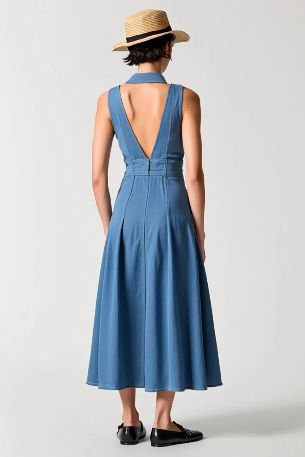 Blue Polo Collar A Line Denim Wedding Guest Dress with Buttons sold by Zapaka product image thumbnail 2