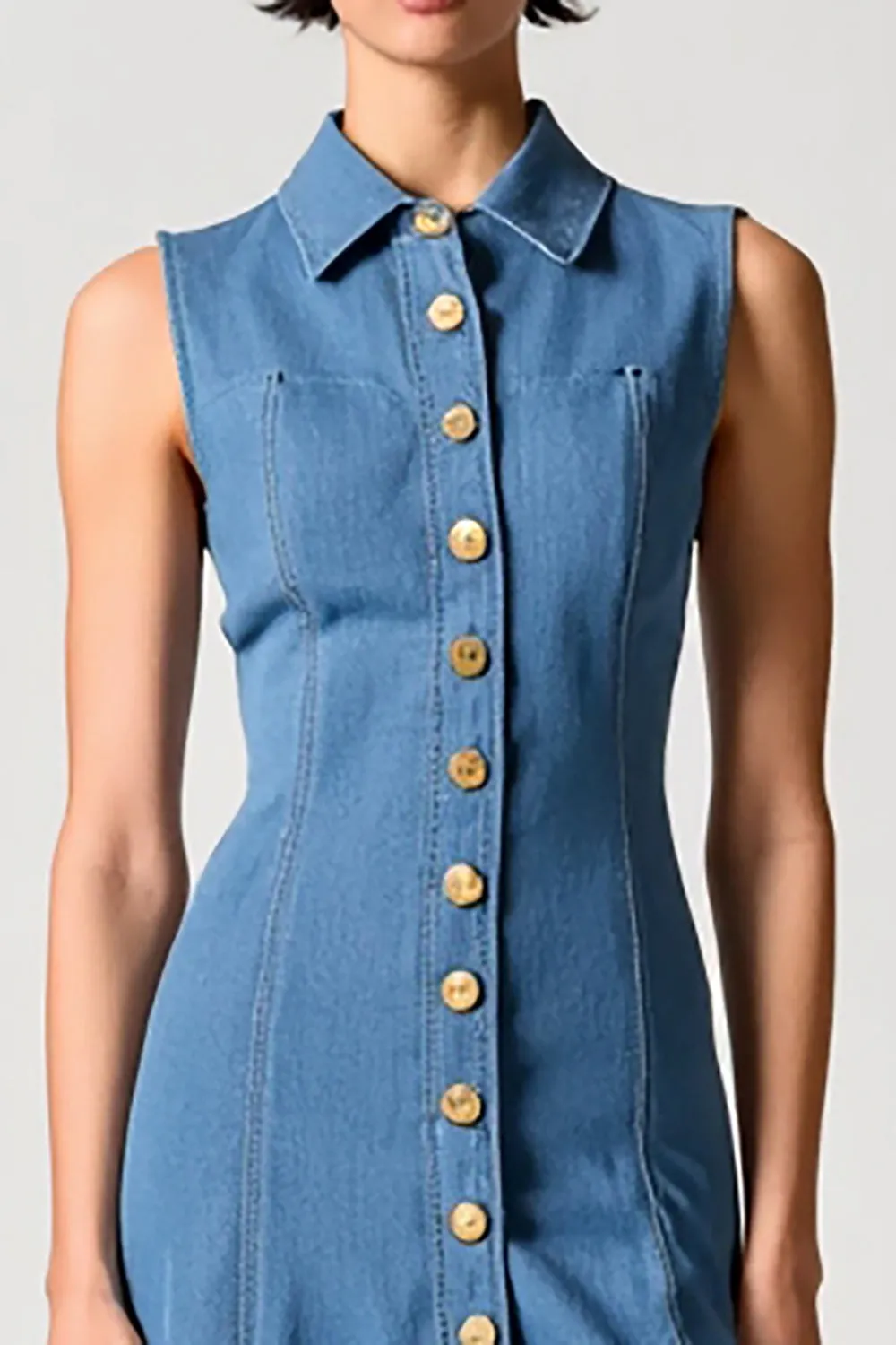 Blue Polo Collar A Line Denim Wedding Guest Dress with Buttons sold by Zapaka product image thumbnail 3
