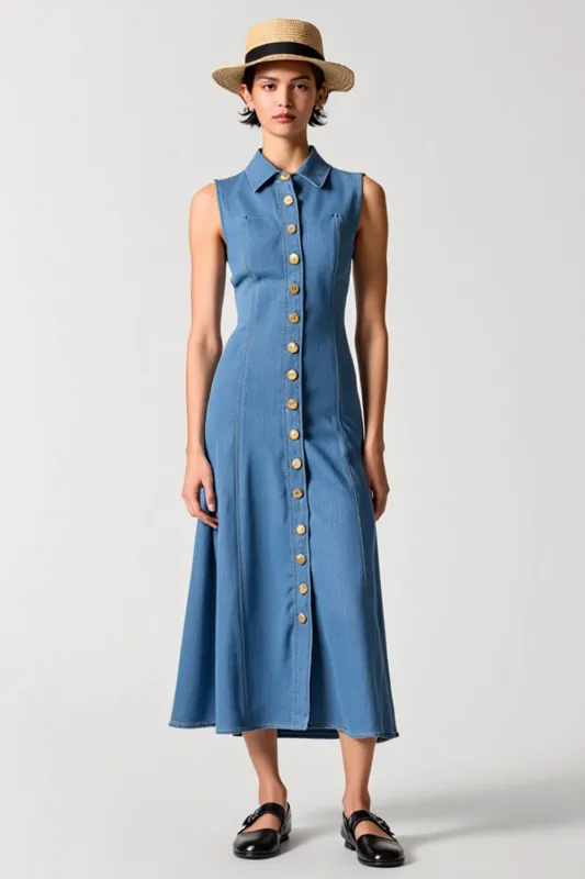 Blue Polo Collar A Line Denim Wedding Guest Dress with Buttons sold by Zapaka