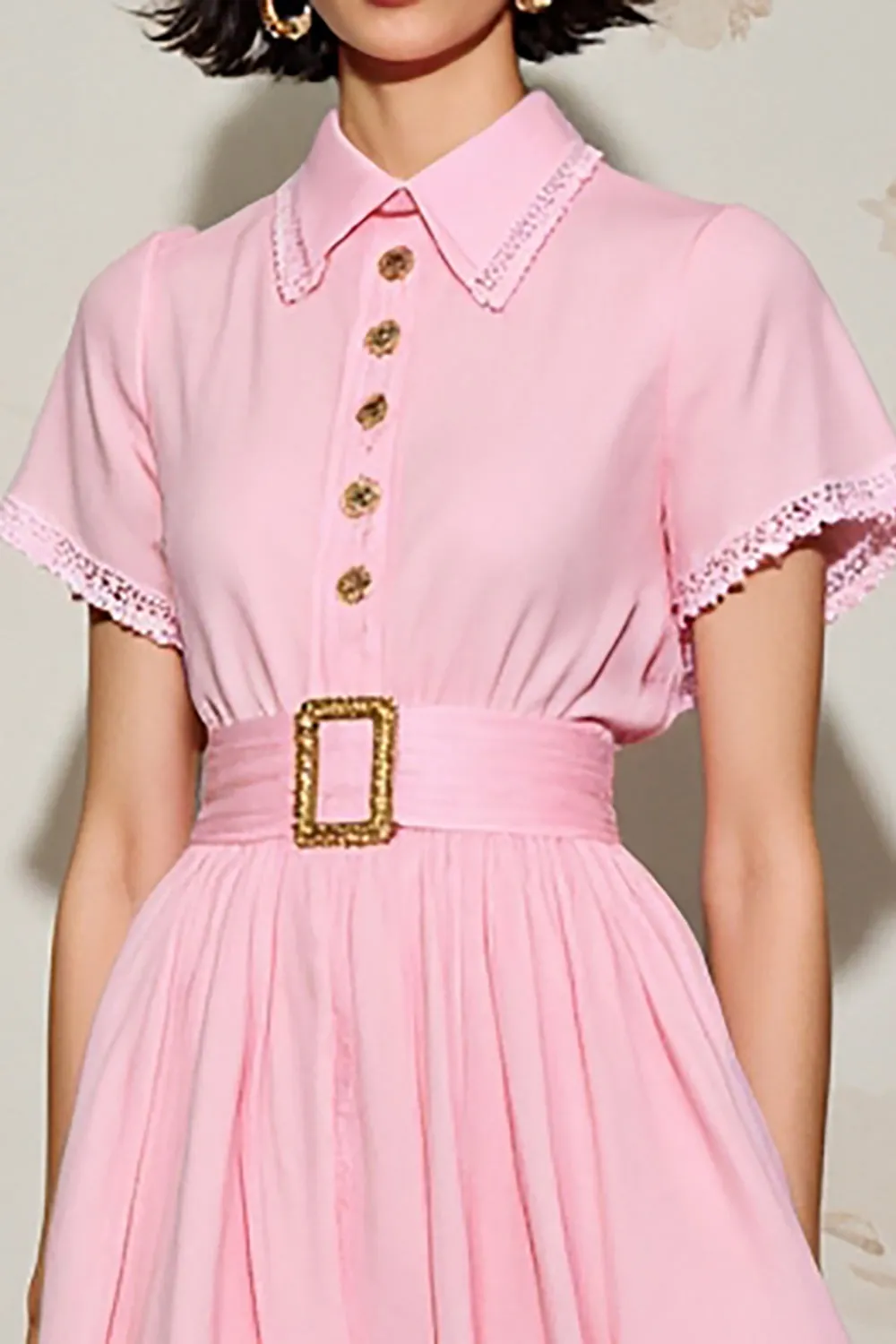 Pink A Line Polo Collar Wedding Guest Dress with Belt sold by Zapaka product image thumbnail 3