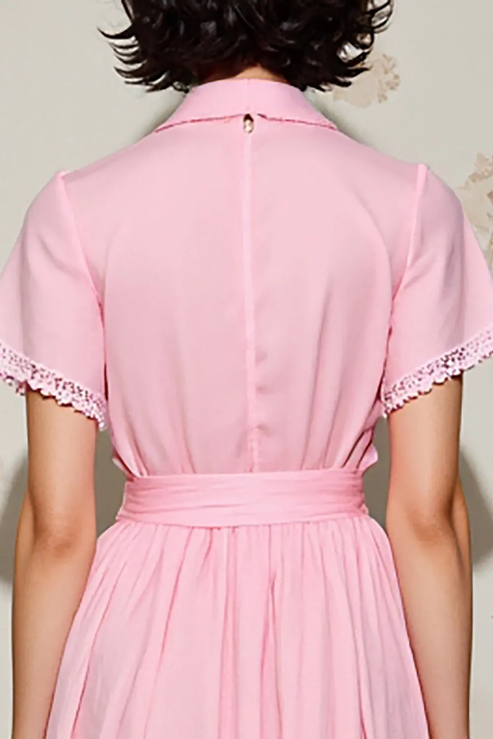 Pink A Line Polo Collar Wedding Guest Dress with Belt sold by Zapaka product image thumbnail 4