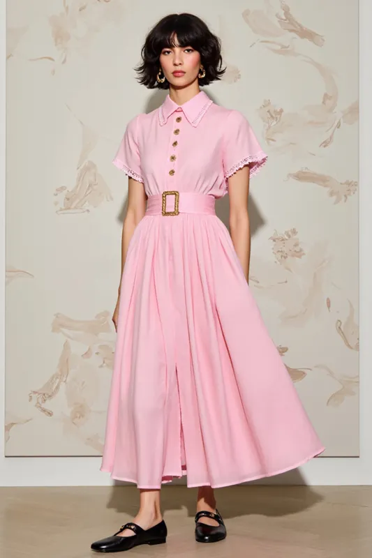 Pink A Line Polo Collar Wedding Guest Dress with Belt sold by Zapaka