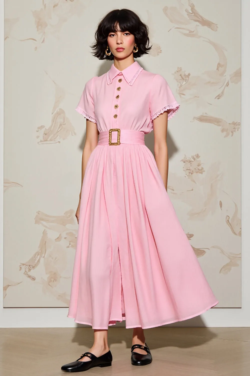 Pink A Line Polo Collar Wedding Guest Dress with Belt sold by Zapaka