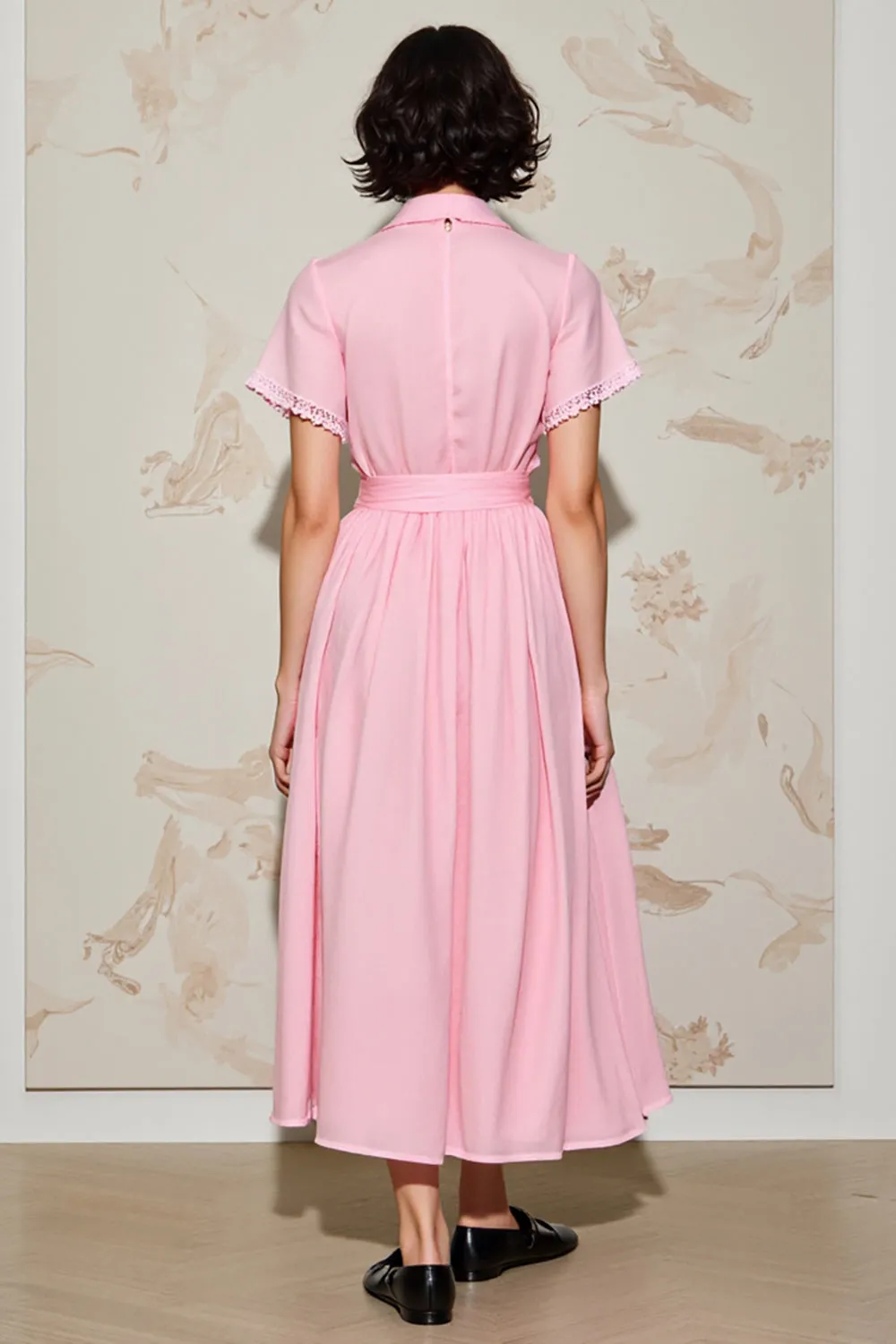 Pink A Line Polo Collar Wedding Guest Dress with Belt sold by Zapaka product image thumbnail 2