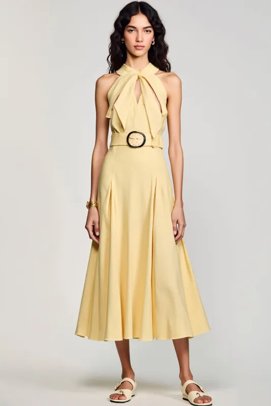 Halter Yellow A Line Midi Wedding Guest Dress with Belt sold by Zapaka