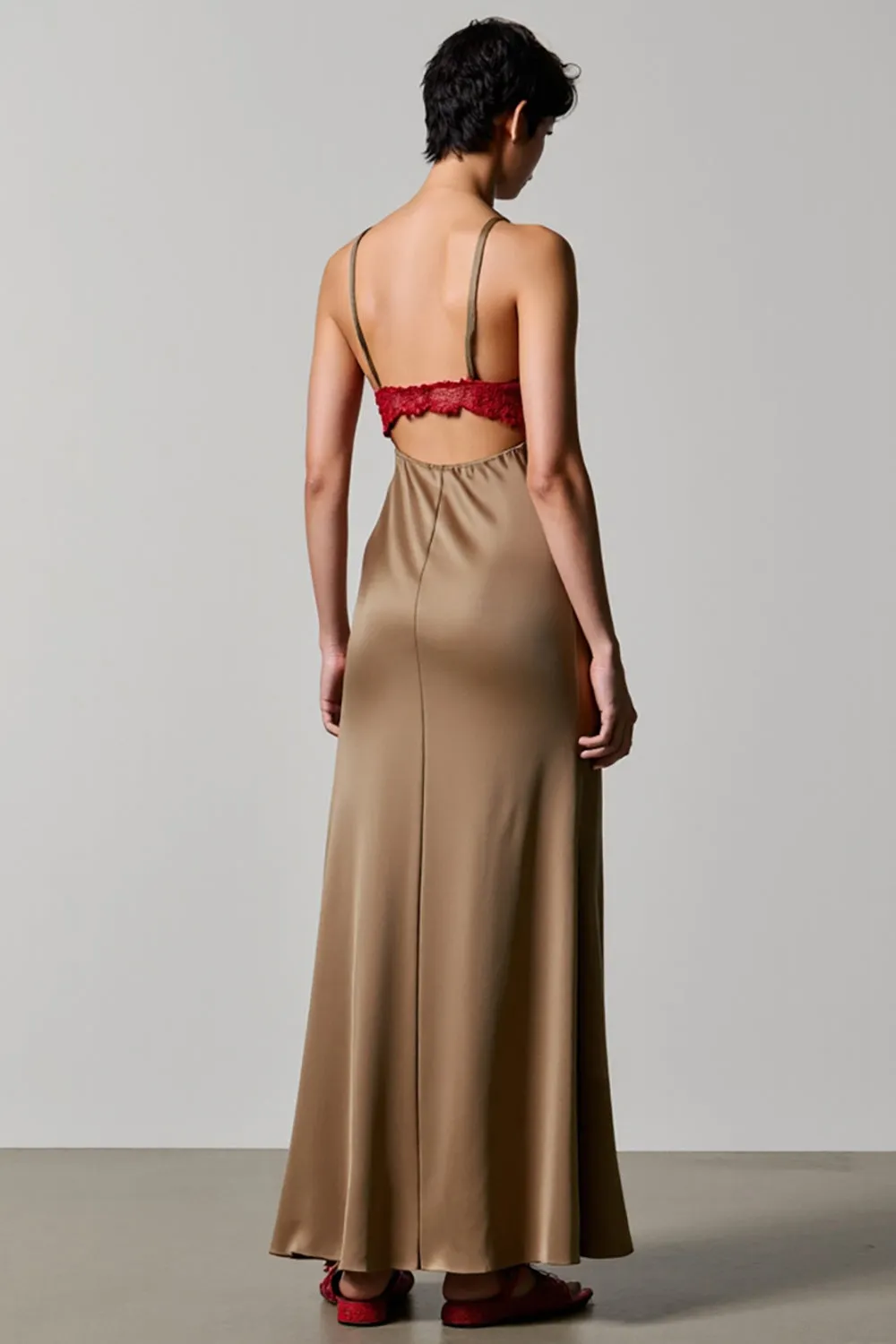 Olive Spaghetti Straps Satin A Line Wedding Guest Dress sold by Zapaka product image thumbnail 2