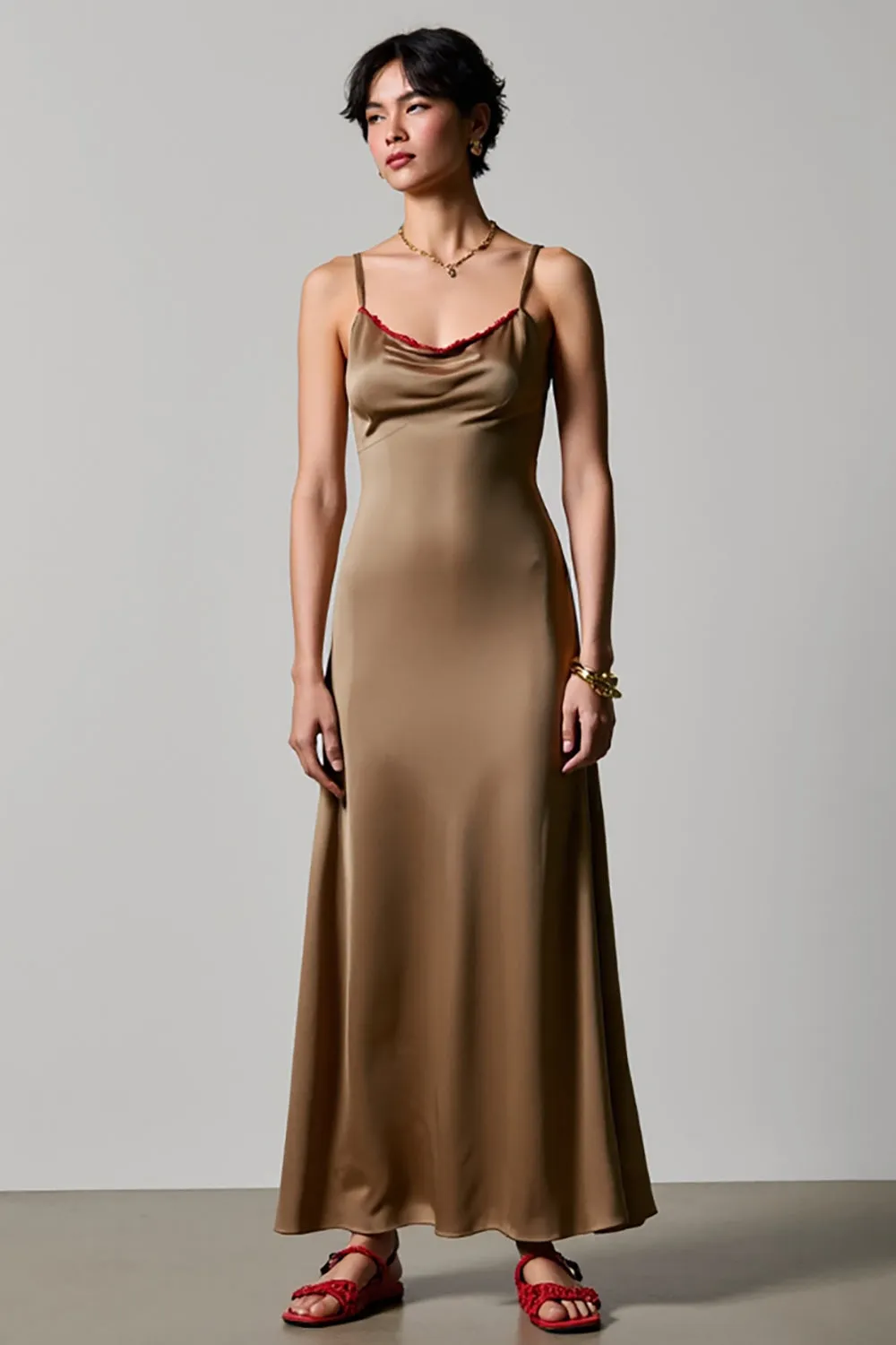 Olive Spaghetti Straps Satin A Line Wedding Guest Dress sold by Zapaka