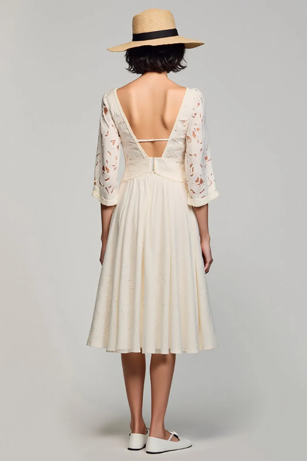 Ivory Square Neck A Line Midi Wedding Guest Dress with Half Sleeves sold by Zapaka product image thumbnail 2