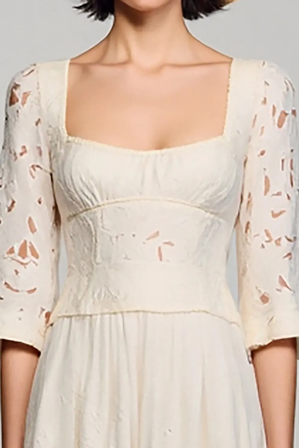 Ivory Square Neck A Line Midi Wedding Guest Dress with Half Sleeves sold by Zapaka product image thumbnail 3