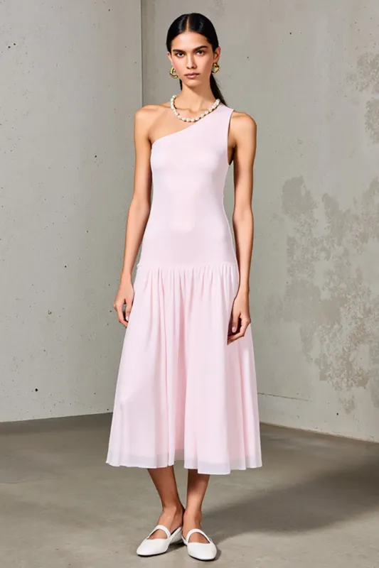One Shoulder A Line Pink Midi Wedding Guest Dress sold by Zapaka
