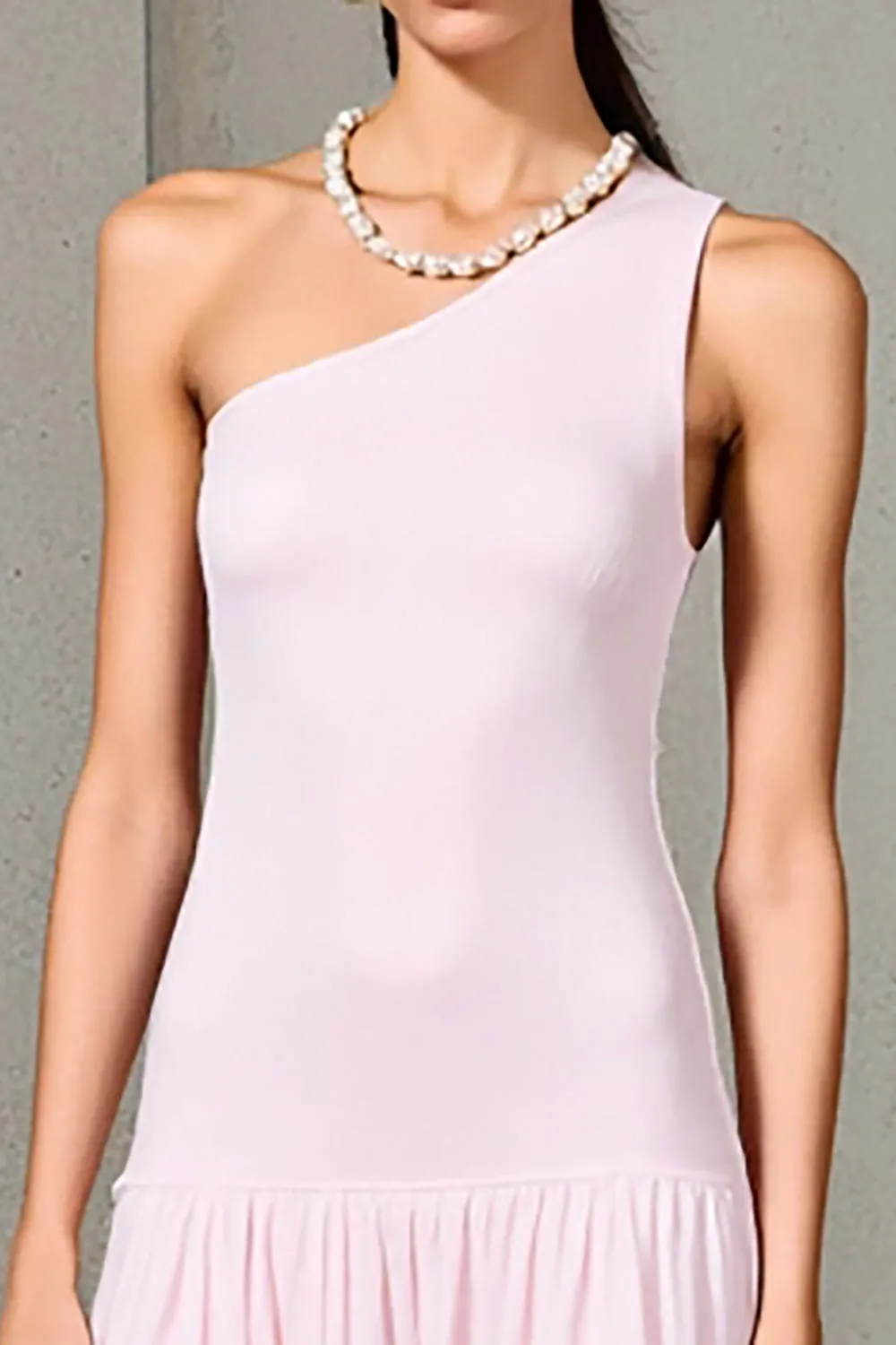 One Shoulder A Line Pink Midi Wedding Guest Dress sold by Zapaka product image thumbnail 4