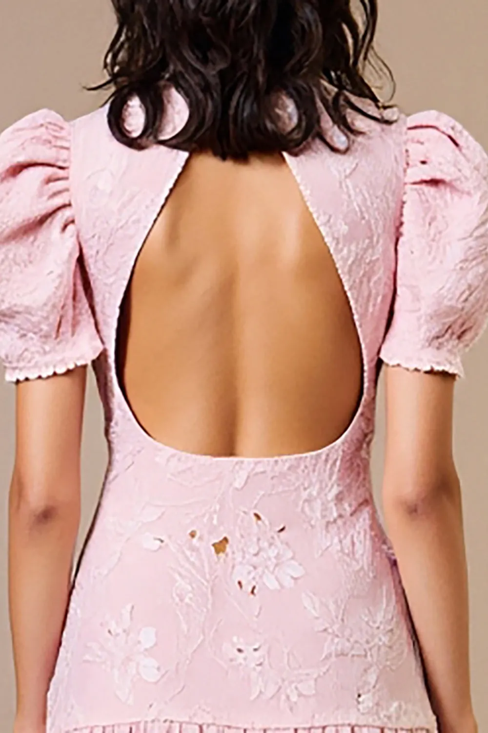 Floral Pink High Neck A Line Midi Wedding Guest Dress with Puff Sleeves sold by Zapaka product image thumbnail 4