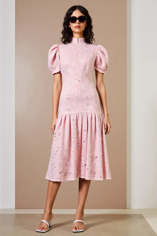 Floral Pink High Neck A Line Midi Wedding Guest Dress with Puff Sleeves sold by Zapaka
