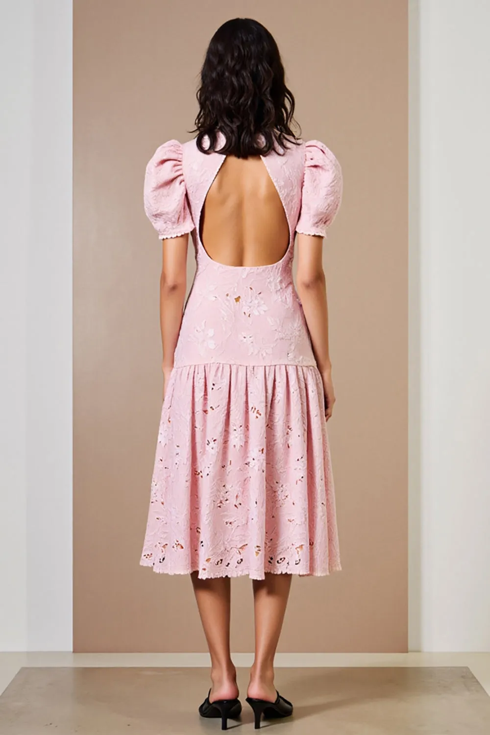 Floral Pink High Neck A Line Midi Wedding Guest Dress with Puff Sleeves sold by Zapaka product image thumbnail 2