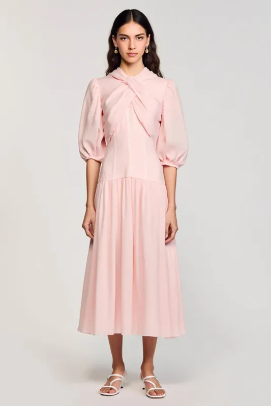 Pink A Line Puff Sleeve Cut Out Wedding Guest Dress sold by Zapaka