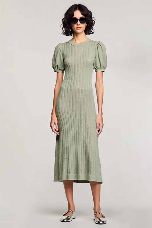 Green Cut Out Sheath Midi Wedding Guest Dress with Puff Sleeves sold by Zapaka
