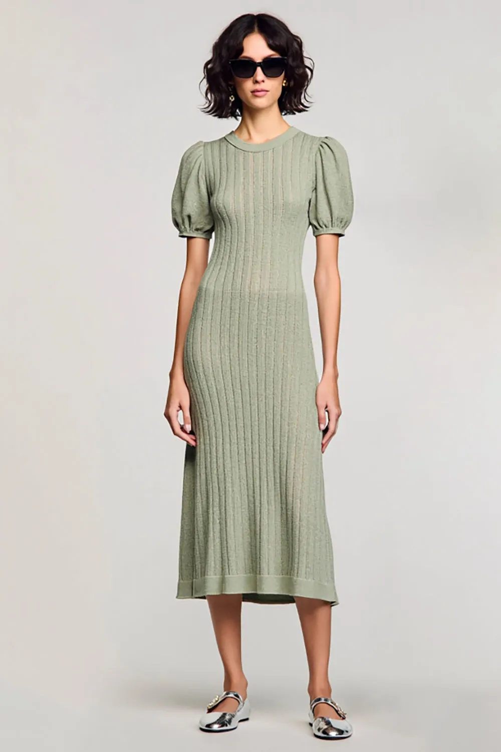 Green Cut Out Sheath Midi Wedding Guest Dress with Puff Sleeves sold by Zapaka