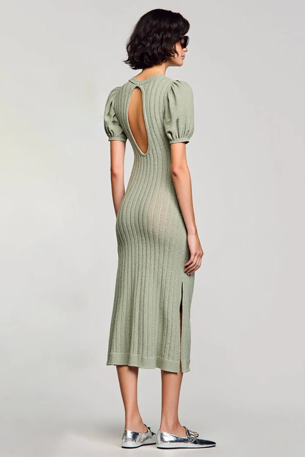Green Cut Out Sheath Midi Wedding Guest Dress with Puff Sleeves sold by Zapaka product image thumbnail 2