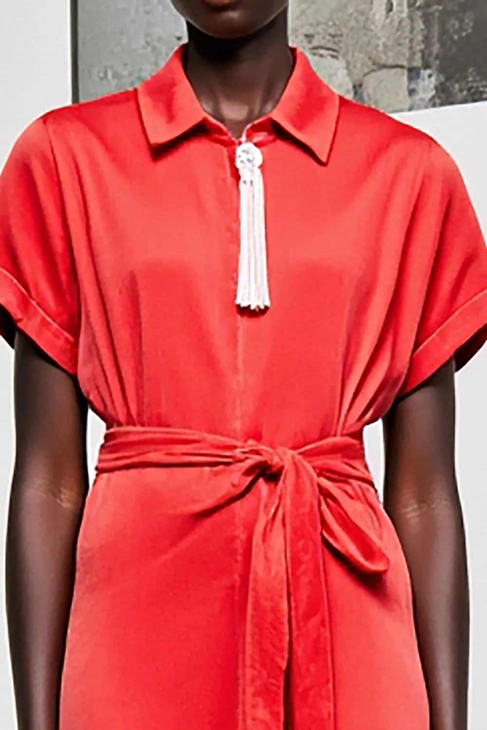Red Lapel Belt Tea Length Wedding Guest Dress with Short Sleeves sold by Zapaka product image thumbnail 3