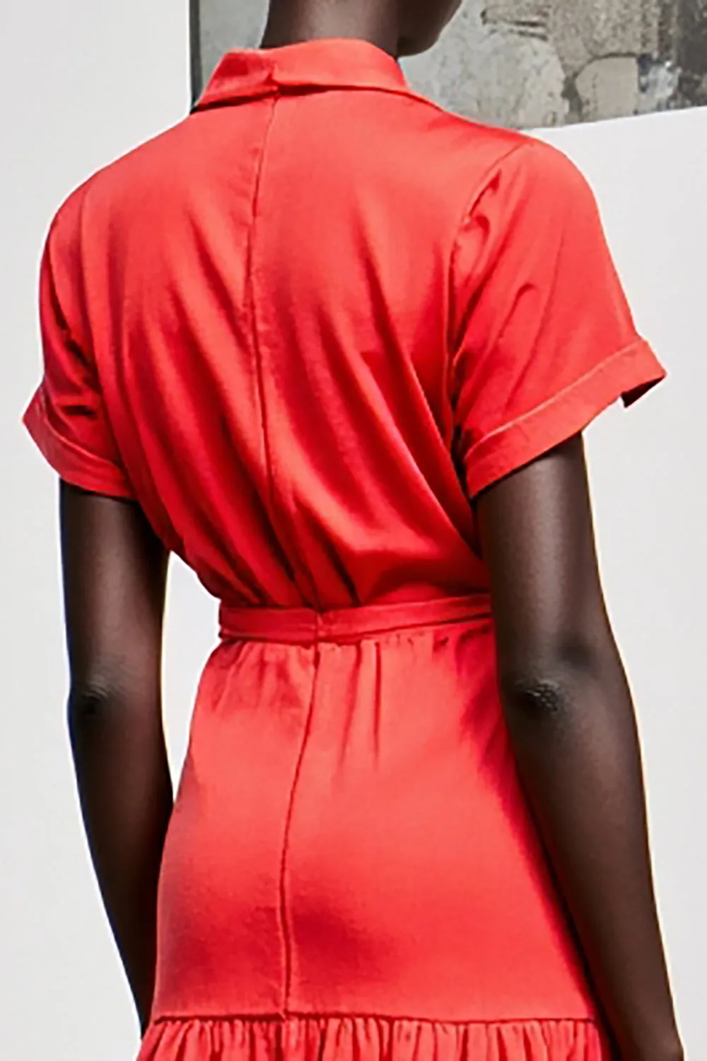 Red Lapel Belt Tea Length Wedding Guest Dress with Short Sleeves sold by Zapaka product image thumbnail 4