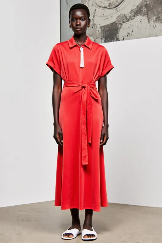 Red Lapel Belt Tea Length Wedding Guest Dress with Short Sleeves sold by Zapaka