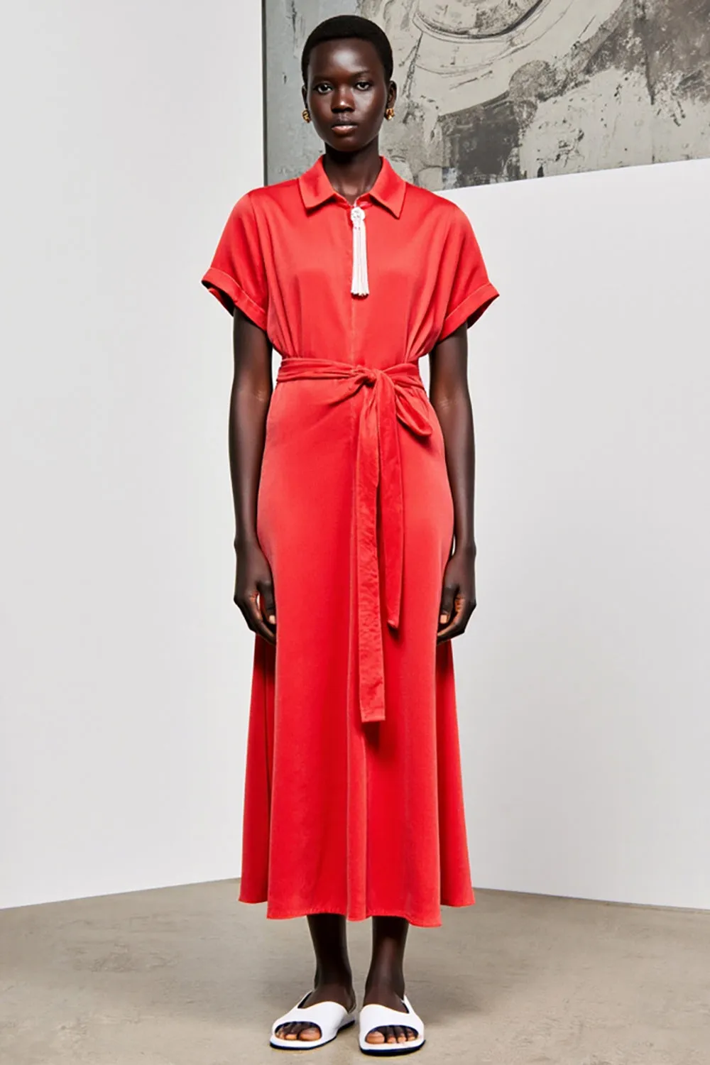 Red Lapel Belt Tea Length Wedding Guest Dress with Short Sleeves sold by Zapaka