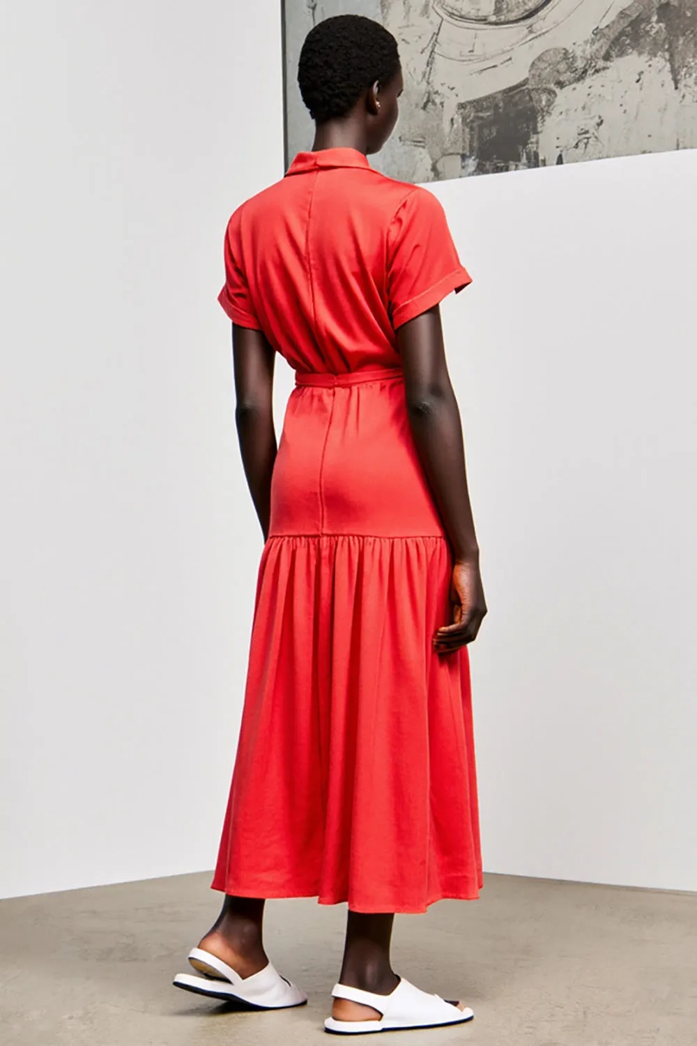 Red Lapel Belt Tea Length Wedding Guest Dress with Short Sleeves sold by Zapaka product image thumbnail 2
