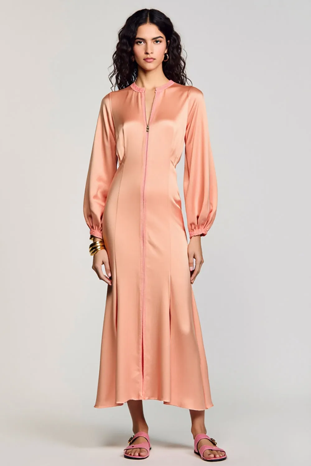 Dusty Rose Long Sleeve Tea Length Wedding Guest Dress sold by Zapaka
