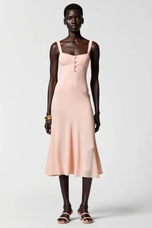 Pink Chiffon A Line Midi Wedding Guest Dress sold by Zapaka