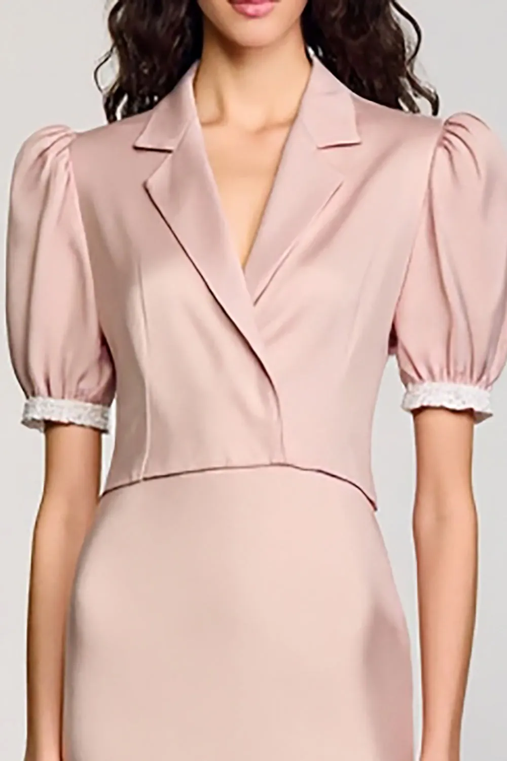 Pink Notched Lapel Backless Wedding Guest Dress with Puff Sleeves sold by Zapaka product image thumbnail 3