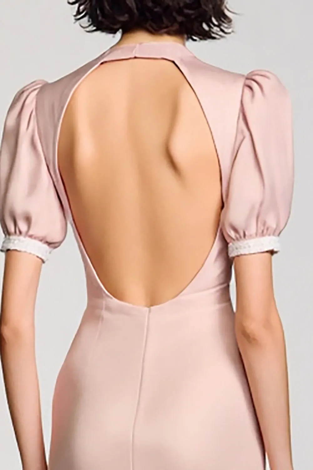 Pink Notched Lapel Backless Wedding Guest Dress with Puff Sleeves sold by Zapaka product image thumbnail 4