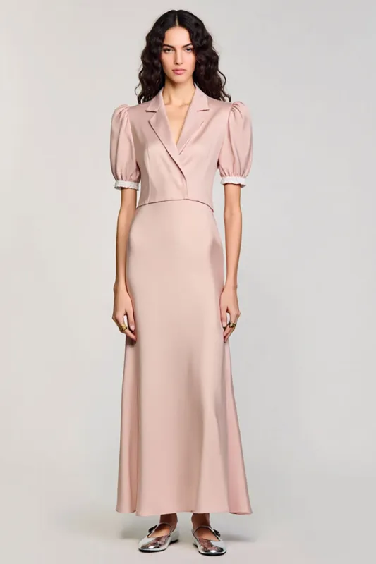 Pink Notched Lapel Backless Wedding Guest Dress with Puff Sleeves sold by Zapaka