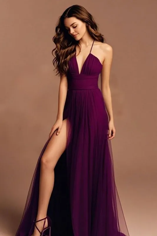 Dark Purple A Line Spaghetti Straps Long Prom Dress With Slit sold by Zapaka