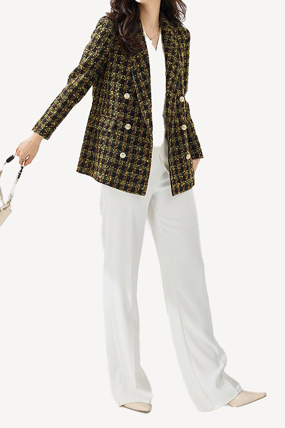 Yellow Plaid Double Breasted Tweed Women Blazer sold by Zapaka product image thumbnail 4
