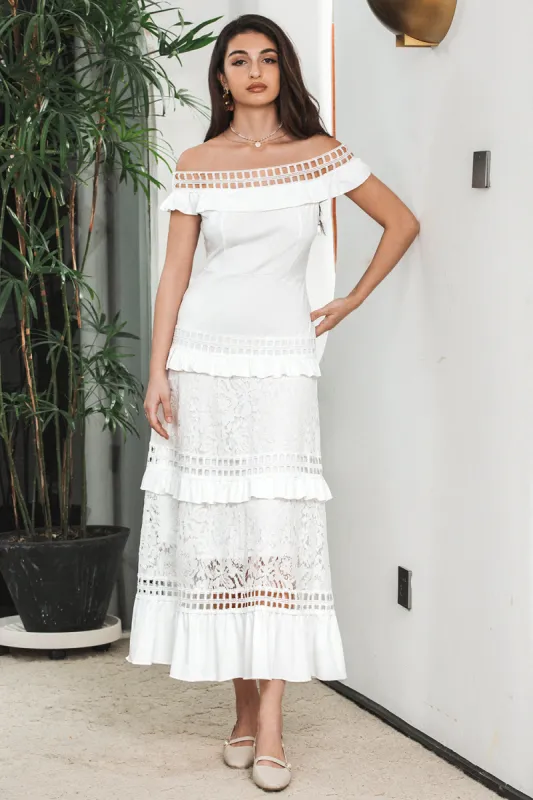 White Tiered Long Boho Engagement Party Dress with Lace sold by Zapaka