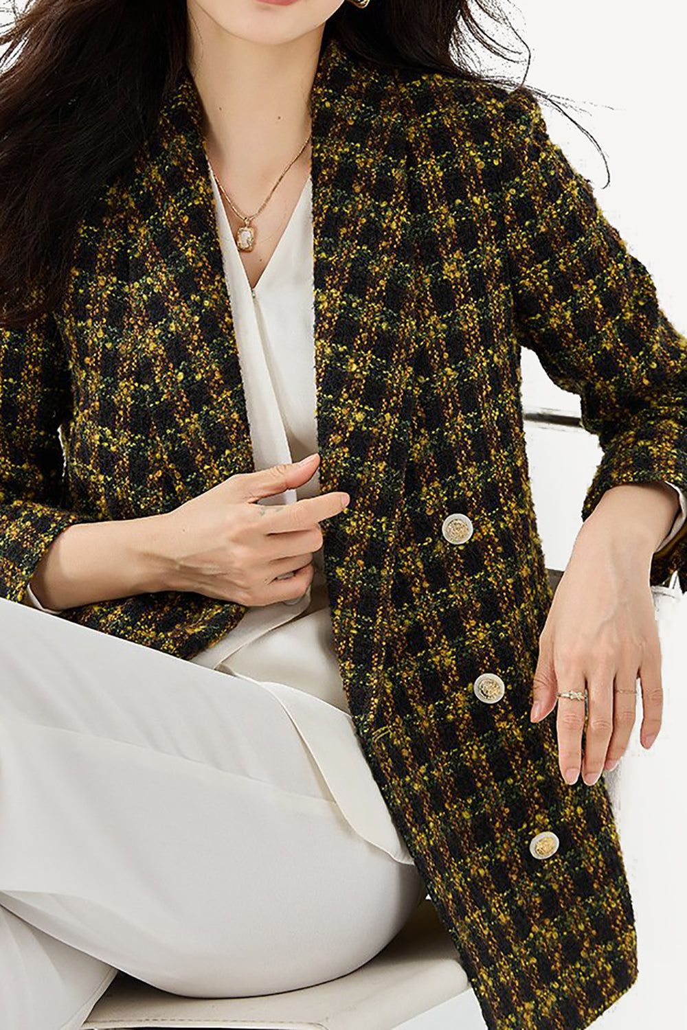 Yellow Plaid Double Breasted Tweed Women Blazer sold by Zapaka product image thumbnail 5