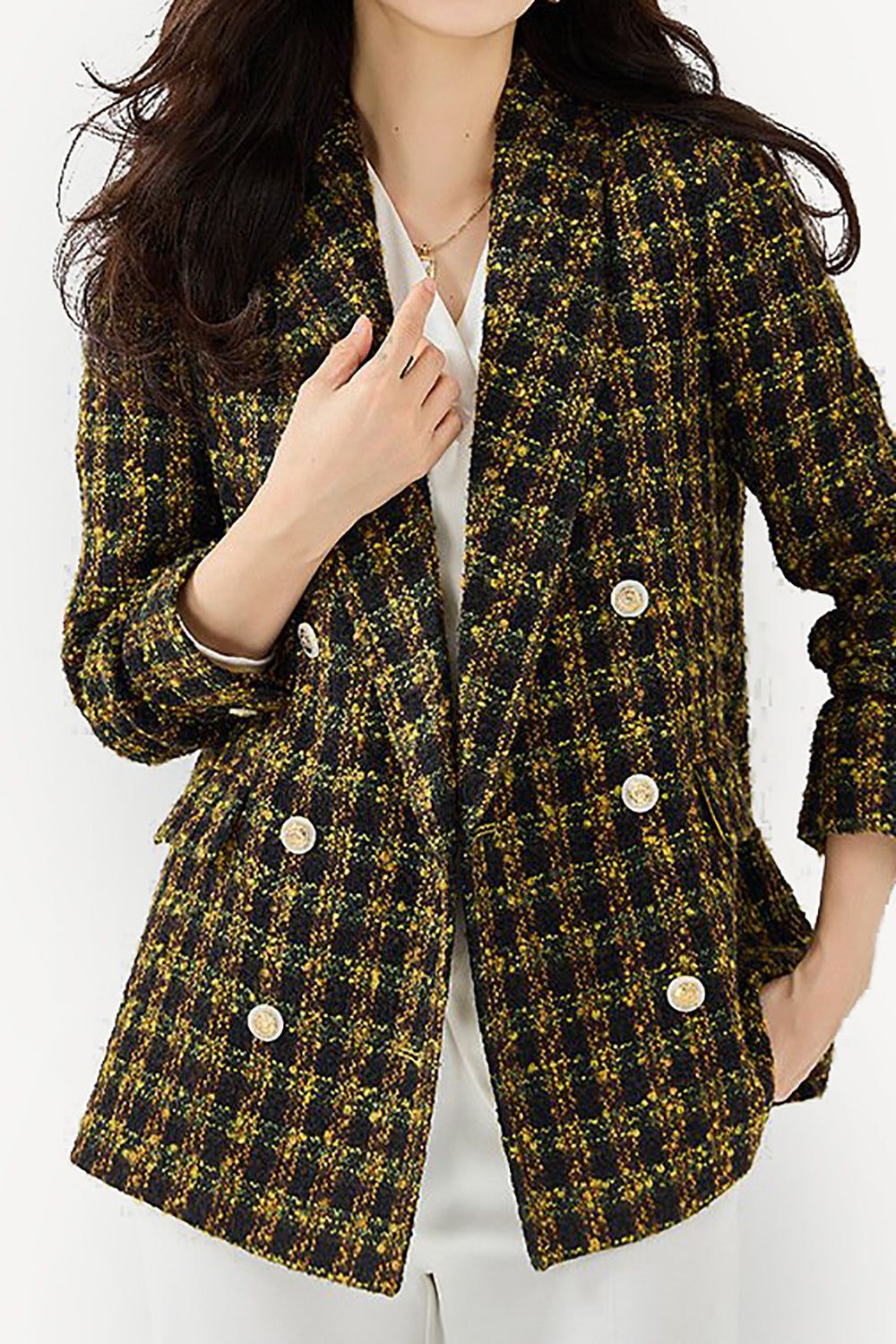 Yellow Plaid Double Breasted Tweed Women Blazer sold by Zapaka product image thumbnail 2