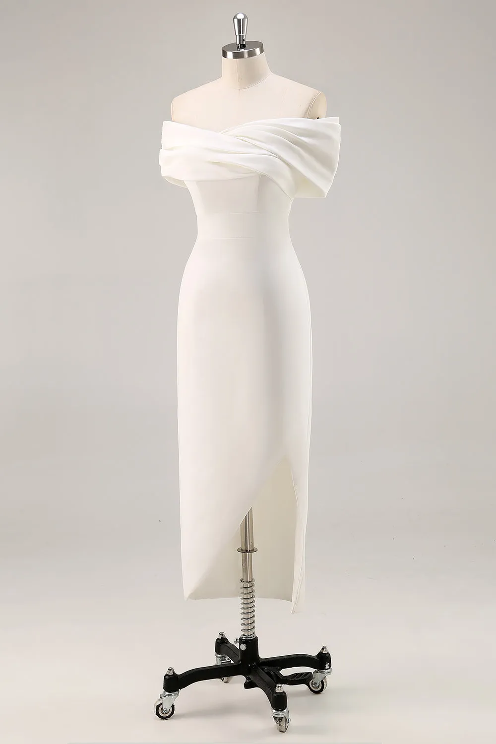 White Off the Shoulder Sheath Satin Asymmetrical Graduation Dress sold by Zapaka product image thumbnail 3