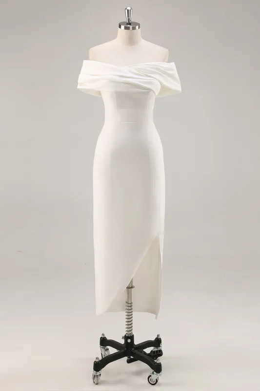 White Off the Shoulder Sheath Satin Asymmetrical Graduation Dress sold by Zapaka