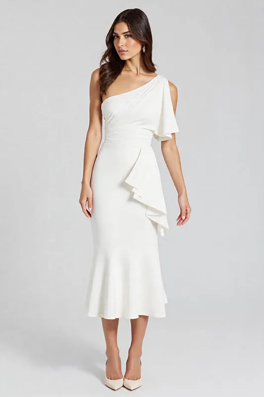 Ivory Sheath Ruffled One Shoulder Midi Graduation Dress sold by Zapaka