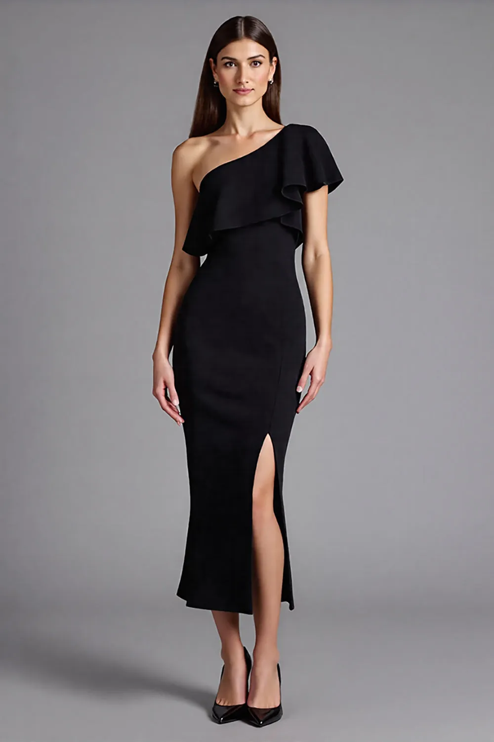 Black One Shoulder Sheath Ruffled Long Formal Dress sold by Zapaka