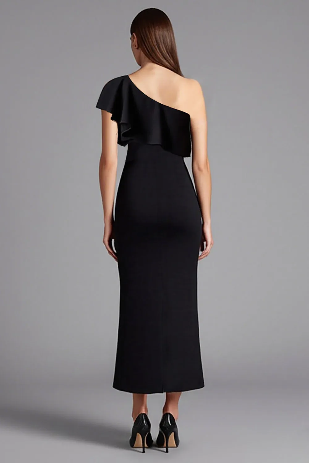 Black One Shoulder Sheath Ruffled Long Formal Dress sold by Zapaka product image thumbnail 2