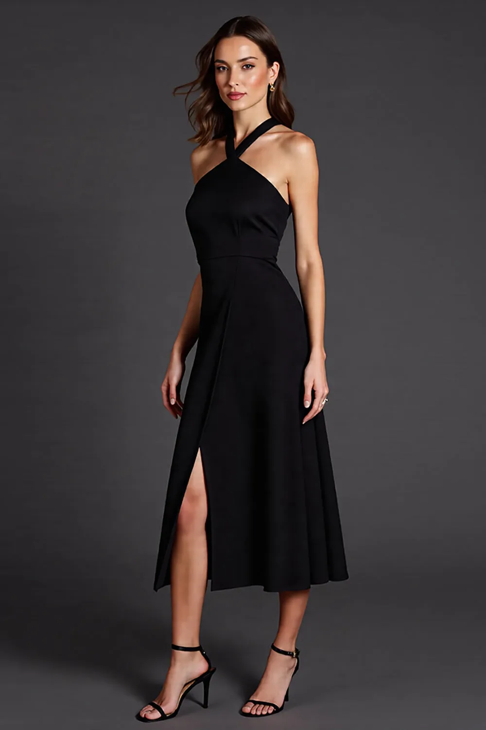 A Line Halter Black Midi Formal Dress with Slit sold by Zapaka