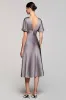 A Line Short Sleeve Grey Ruffled Midi Formal Dress sold by Zapaka