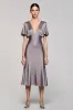 A Line Short Sleeve Grey Ruffled Midi Formal Dress sold by Zapaka