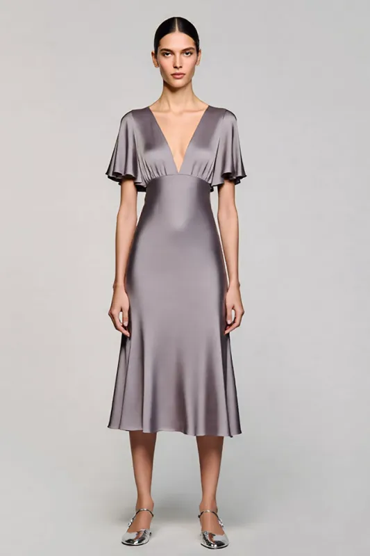 A Line Short Sleeve Grey Ruffled Midi Formal Dress sold by Zapaka