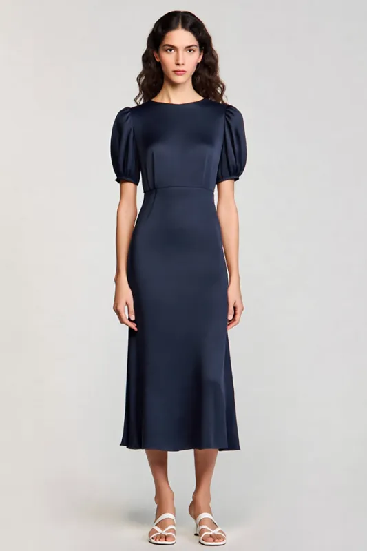 Navy Boat Neck Sheath Satin Long Formal Dress sold by Zapaka