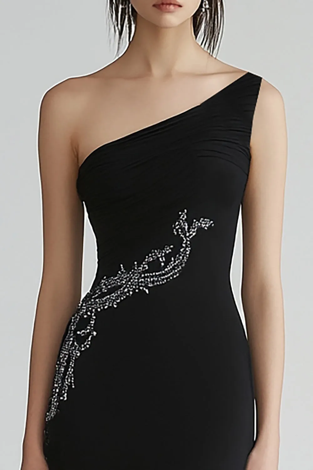 Black One Shoulder A Line Beaded Long Formal Dress sold by Zapaka product image thumbnail 2